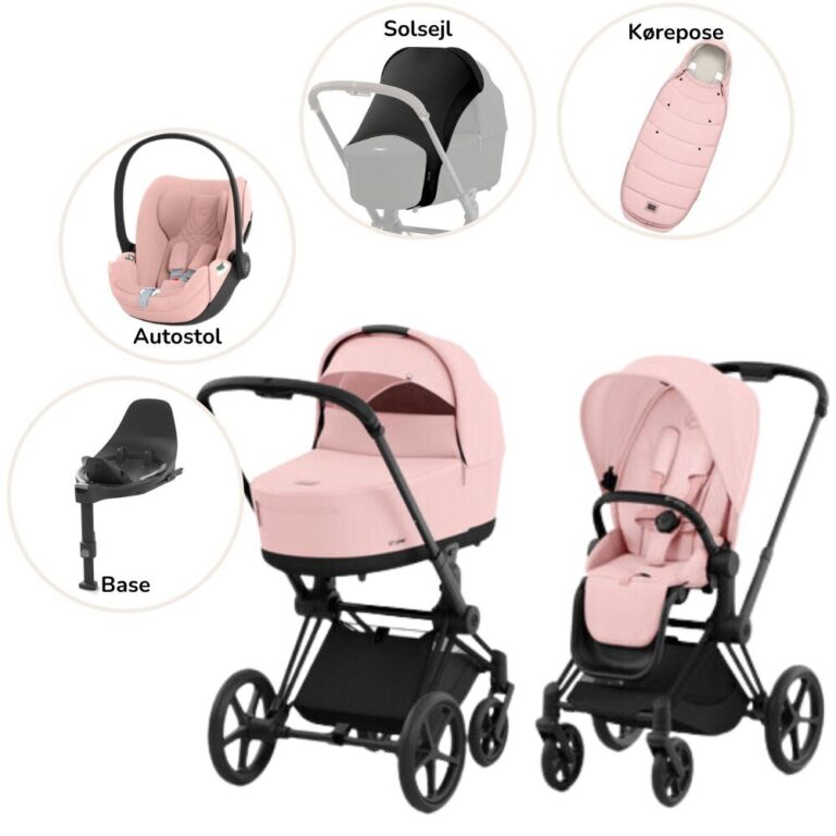 Priam Duovogn med autostol, base, kørepose og solsejl - peach pink/matt black Plus