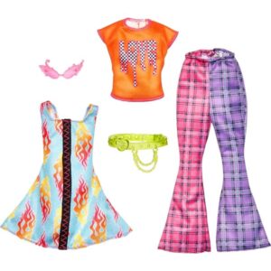 Barbie Fashions 2 Pack - Love T-shirt Check Flared Pants & Flames Print Dress