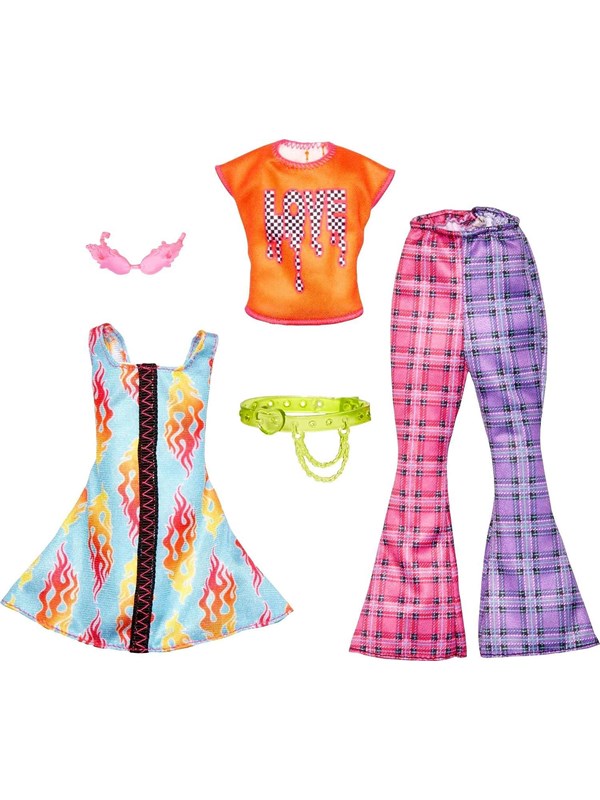 Barbie Fashions 2 Pack - Love T-shirt Check Flared Pants & Flames Print Dress