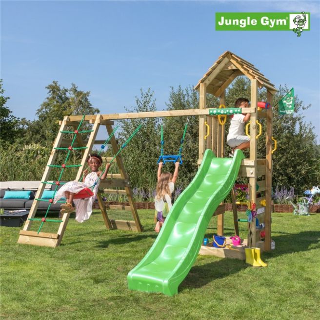 Jungle Gym Cocoon legetårn komplet inkl. klatremodul 2 og mørkegrøn rutschebane - 804-071C2G