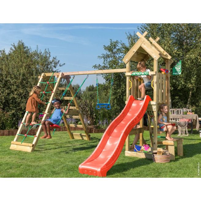 Jungle Gym Totem legetårn komplet inkl. klatremodul og rød rutschebane 804-073C2R