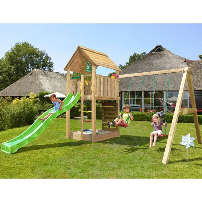 Legetårn komplet Jungle Gym Cabin 2.1 inkl. Swing modul 120 kg sand og grøn rutsjebane