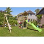 Legetårn komplet Jungle Gym Cottage 2.1 inkl. Swing modul 120 kg sand og grøn rutschebane