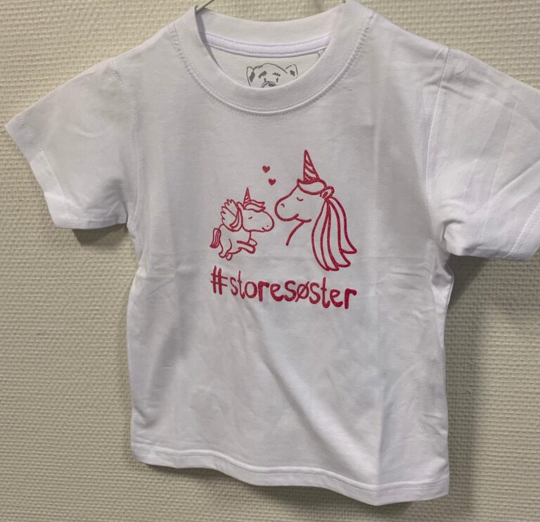 #Storesøster T-shirt S/S Enhjørning, Hvid Med Pink Krystalina - Jeg skal være storesøster T-Shirt - Legekammeraten.dk