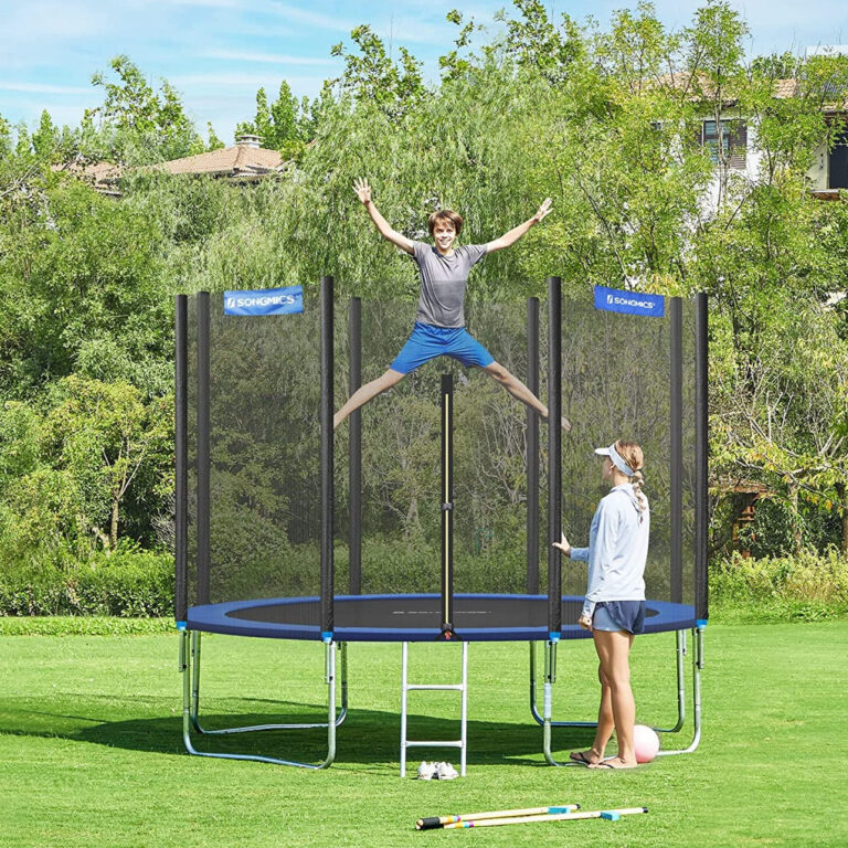 Trampolin med galvaniseret stålrør, D305cm, sort og blå