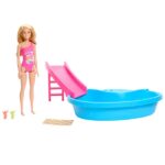 Barbie Doll And Pool Playset Blonde With Pool Slide Towel And Drink Accessories