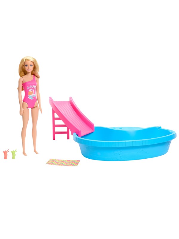 Barbie Doll And Pool Playset Blonde With Pool Slide Towel And Drink Accessories