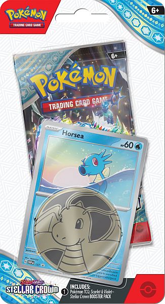 Pokemon Blister Pack - 1-Pack Checklane Blister: 1 Scarlet & Violet: Stellar Crown Booster Pakke + Horsea Black Star Promo & Pokemon MÃ¸nt