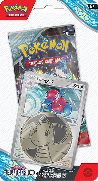 Pokemon Blister Pack - 1-Pack Checklane Blister: 1 Scarlet & Violet: Stellar Crown Booster Pakke + Porygon2 Black Star Promo & Pokemon MÃ¸nt