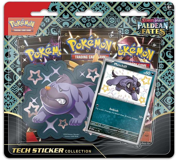 Pokemon Scarlet & Violet: Paldean Fates - Tech Sticker Collection Blister: Maschiff (3 Boosters)