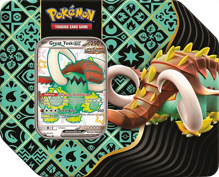 Pokemon Tin Kasse - 2024 Wave 1 Winter (USA Version): Great Tusk ex - Scarlet & Violet: Paldean Fates Collector's Tin Box (5 Boosters)