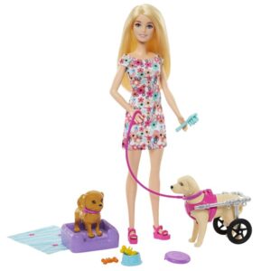 Barbie Doll with Pup and Dog in a Wheelchair