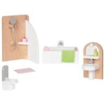 Goki Wooden Doll Furniture Bathroom 10 pieces.