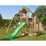 Legetårn komplet Jungle Gym Mansion 2.1 inkl. Swing modul, 120 kg sand og grøn rutsjebane